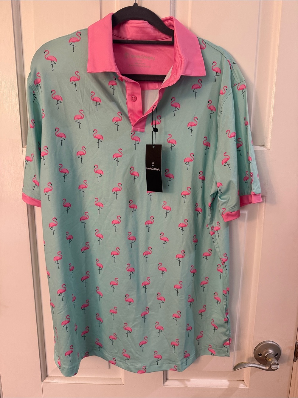 Men's Mint Polo with Pink Flamingo Print